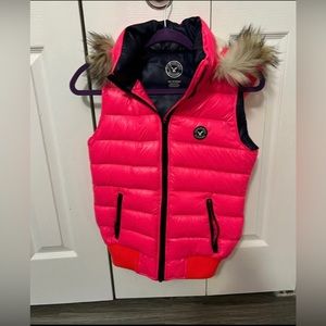 American Eagle puffer vest with removable faux fur shearling lined hood-Neon-XS